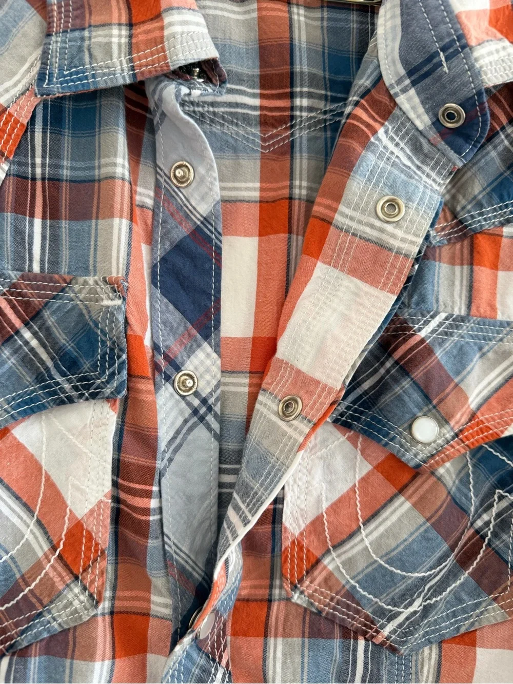 True Religion Men’s Orange and Blue Plaid Button Down Shirt
